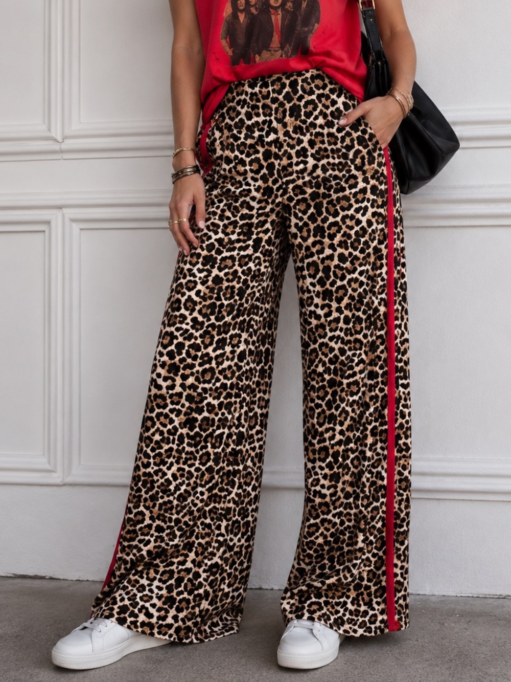 Jade by Jane Leopard Print Wide Leg Pants Red Side Stripe Size M